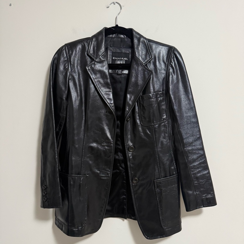 Vintage Emanuel Ungaro Liberte Leather Blazer Jacket Black 2 Petite